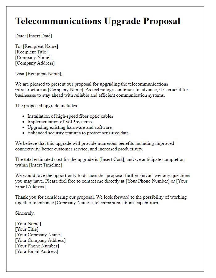 Letter template of telecommunications upgrade proposal