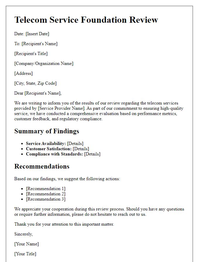 Letter template of telecom service foundation review.