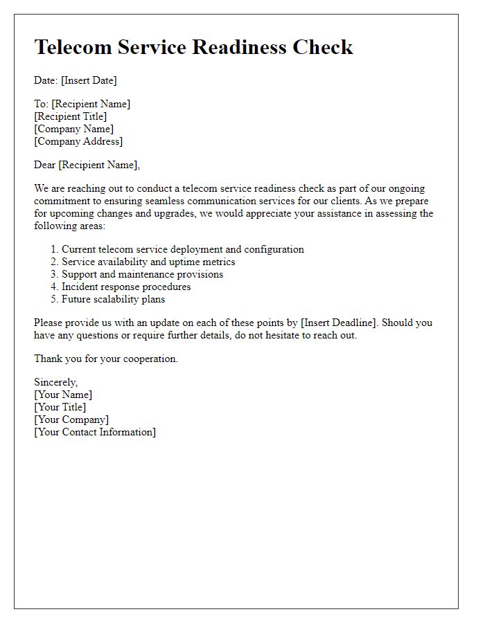 Letter template of telecom service readiness check.