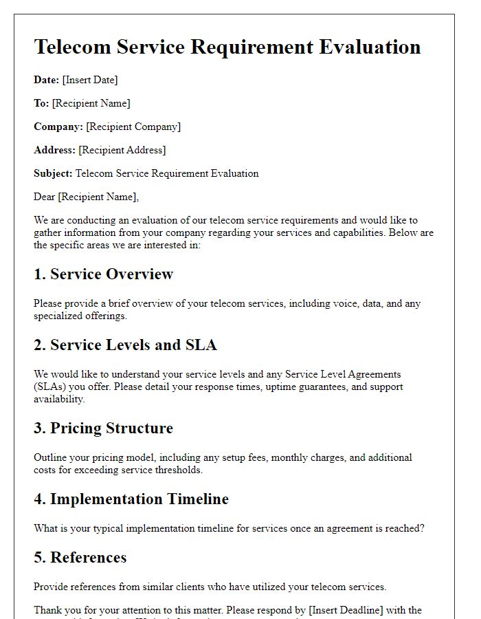 Letter template of telecom service requirement evaluation.