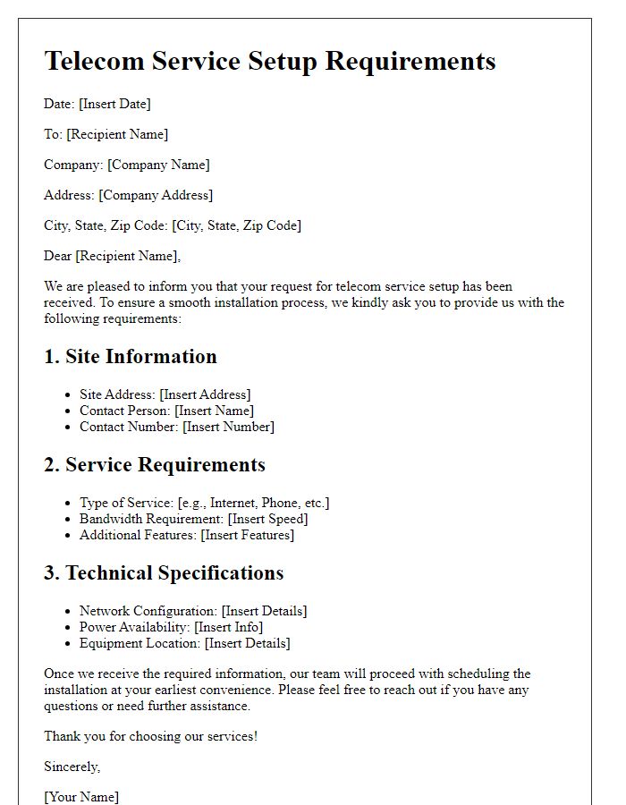 Letter template of telecom service setup requirements.