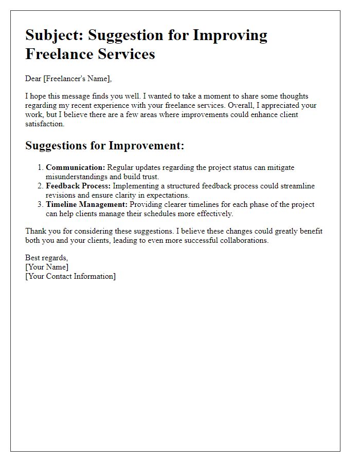 Letter template of freelance service improvement suggestion