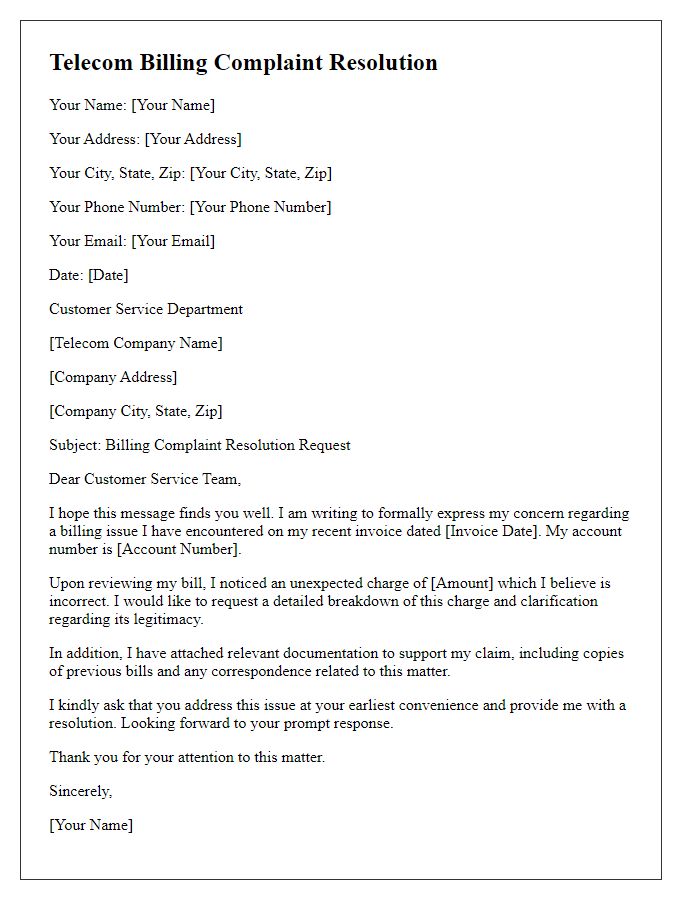 Letter template of telecom billing complaint resolution