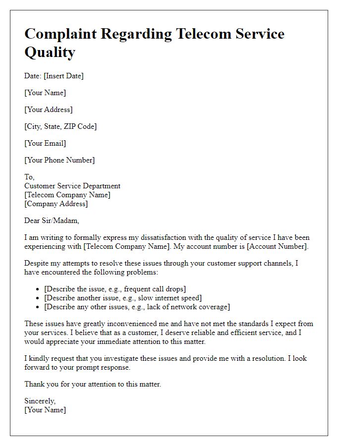 Letter template of telecom service quality complaint