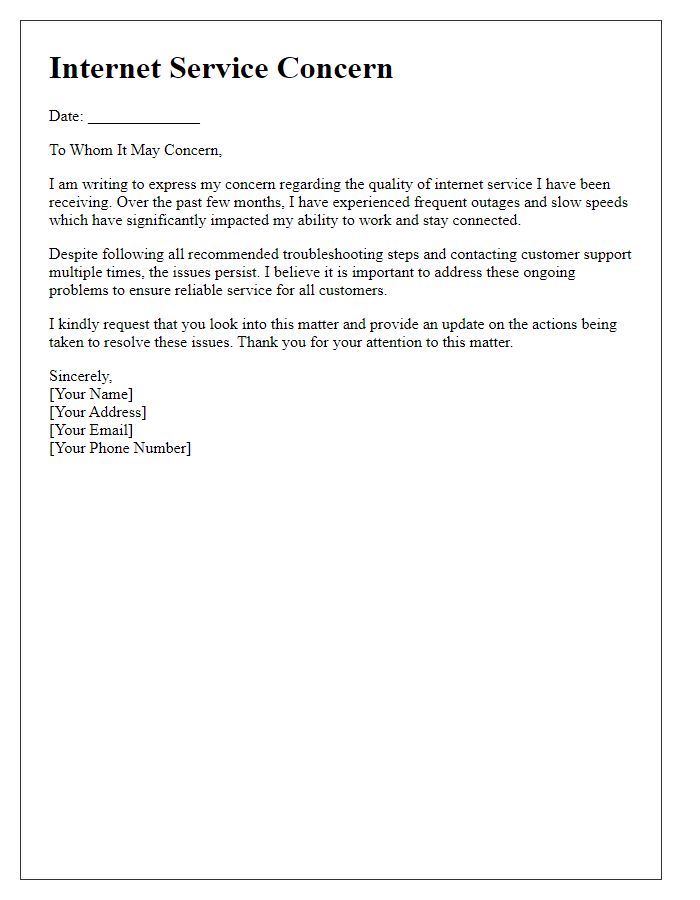 Letter template of unaddressed internet service concern