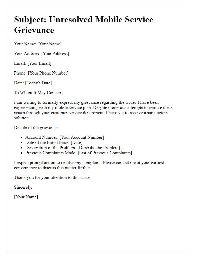 Letter template of unresolved mobile service grievance