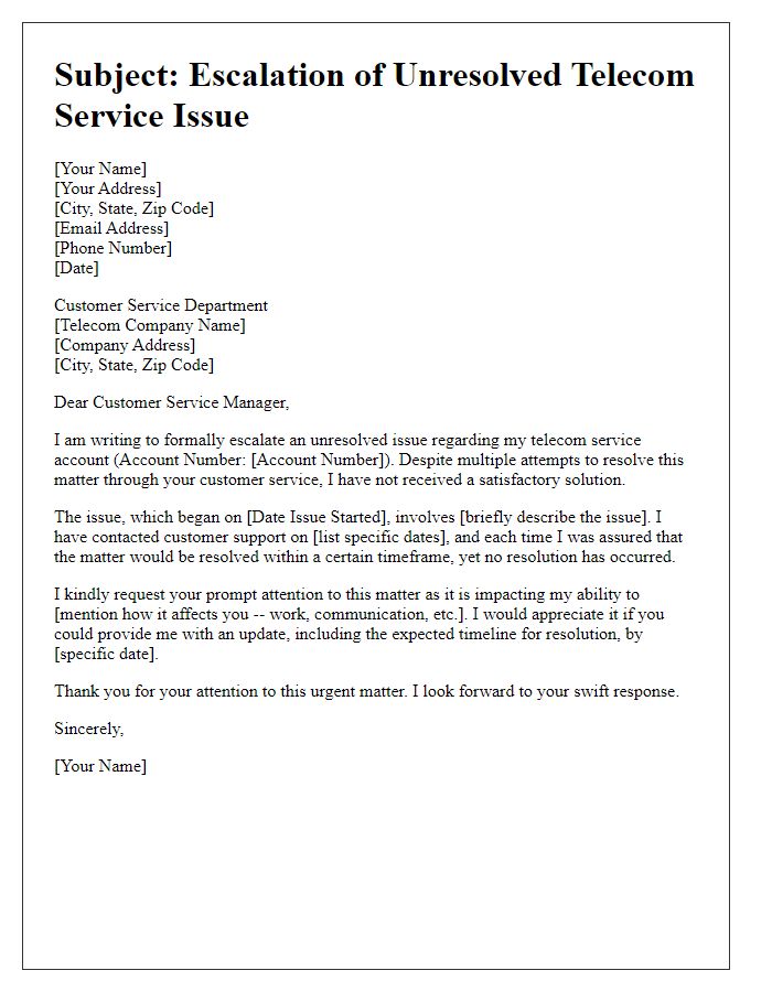 Letter template of unresolved telecom service issue escalation