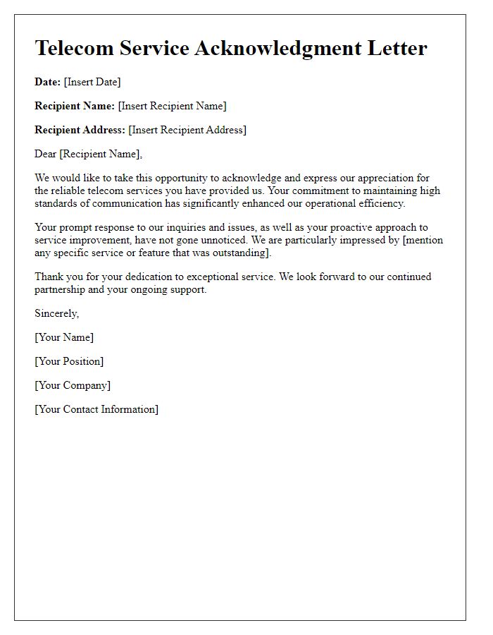 Letter template of telecom service acknowledgment letter for reliable service.