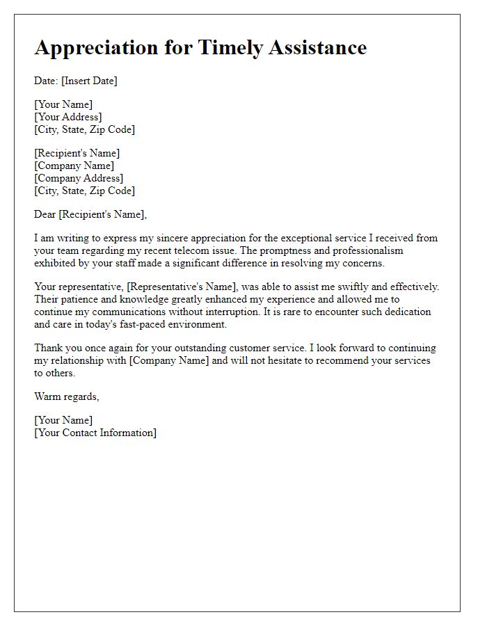 Letter template of telecom service appreciation letter for timely assistance.