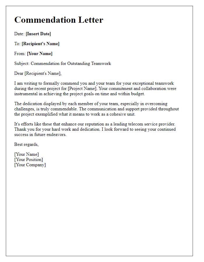 Letter template of telecom service commendation letter for outstanding teamwork.