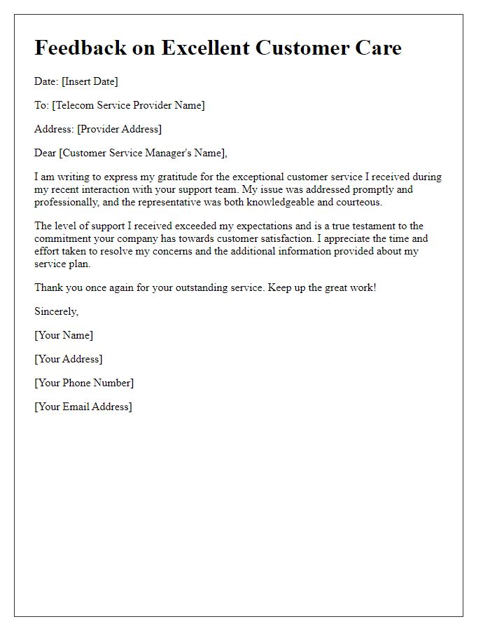 Letter template of telecom service feedback letter for excellent customer care.