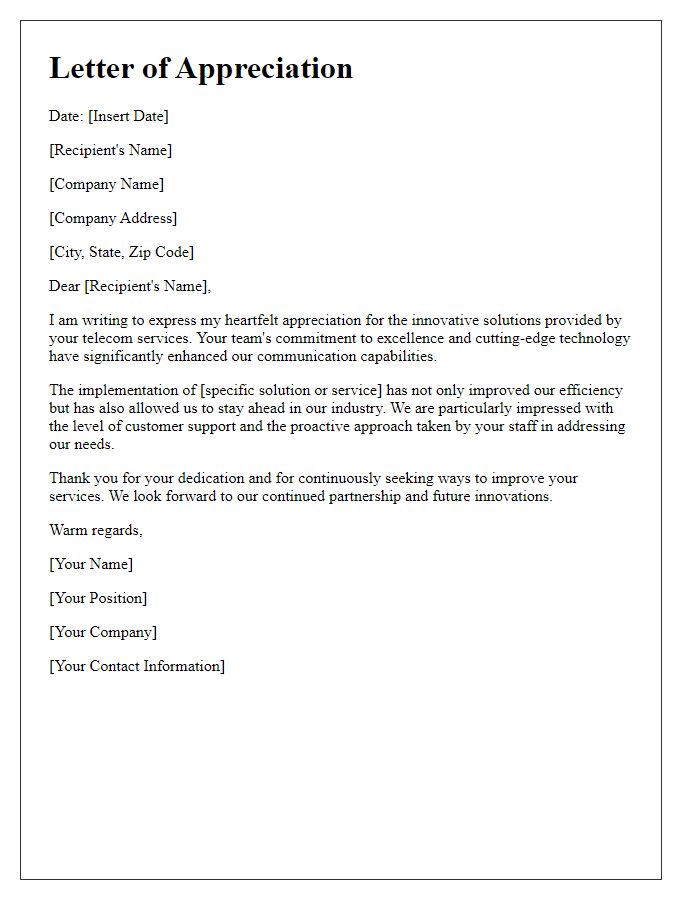 Letter template of telecom service praise letter for innovative solutions.