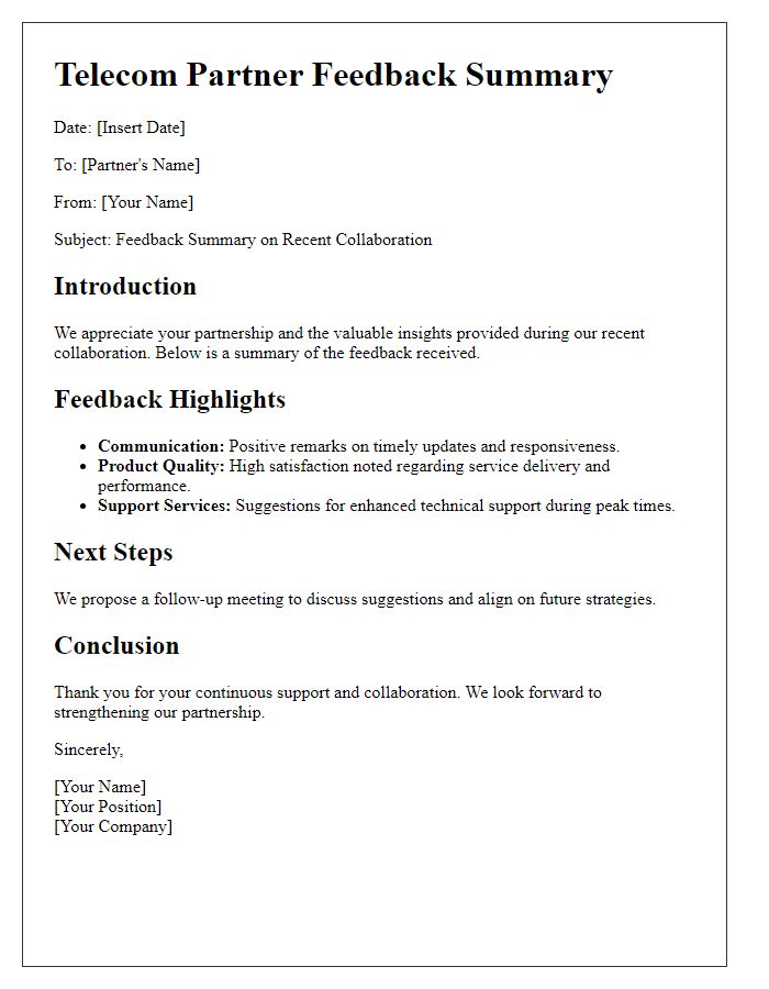 Letter template of telecom partner feedback summary