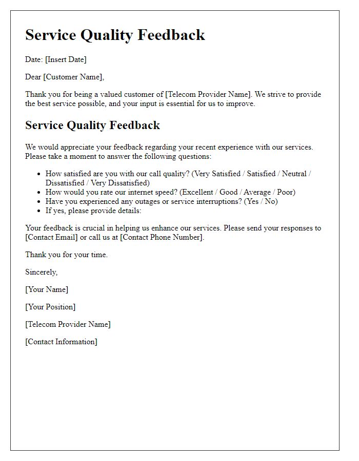 Letter template of telecom provider service quality feedback