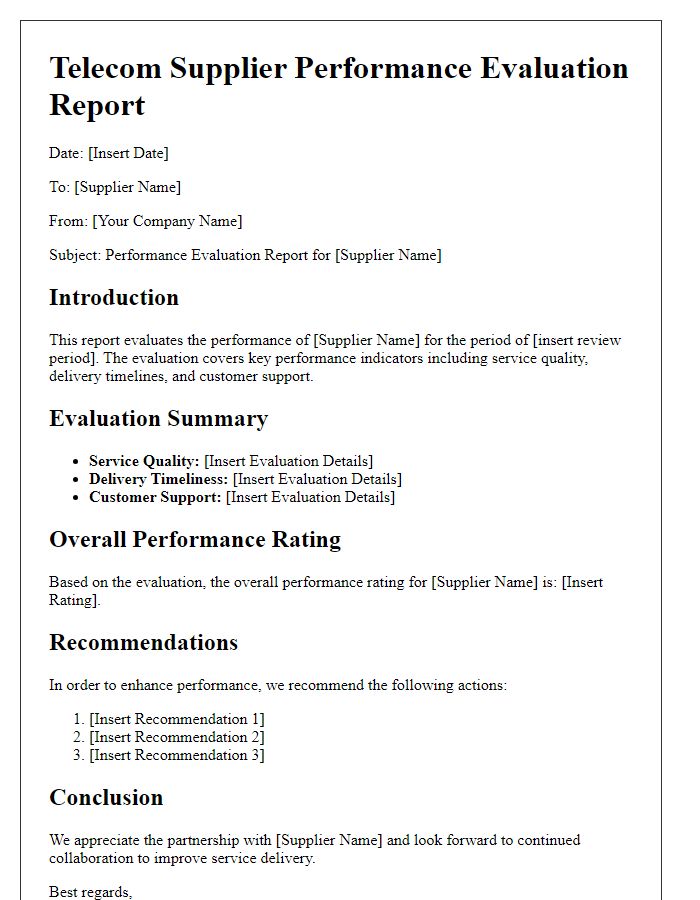 Letter template of telecom supplier performance evaluation report