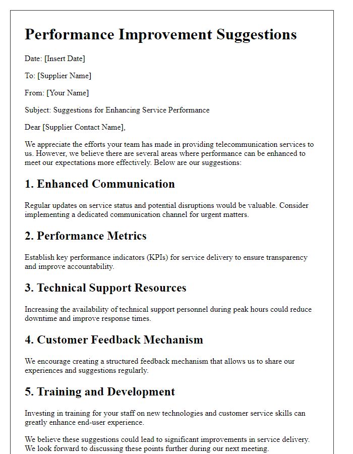 Letter template of telecom supplier performance improvement suggestions