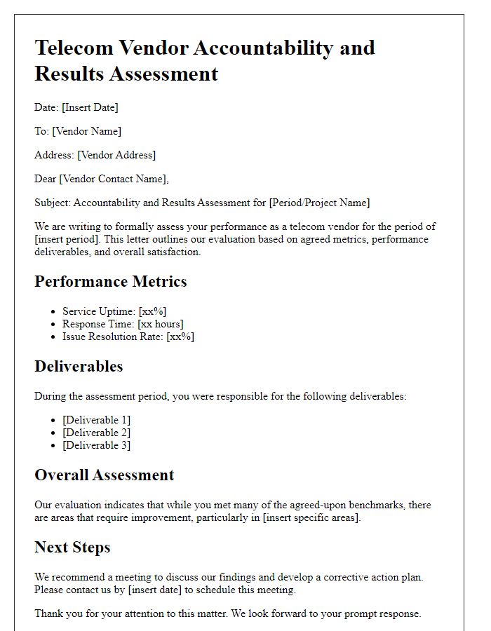 Letter template of telecom vendor accountability and results assessment