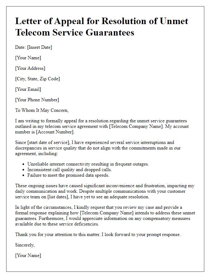 Letter template of appeal for resolution of unmet telecom service guarantees