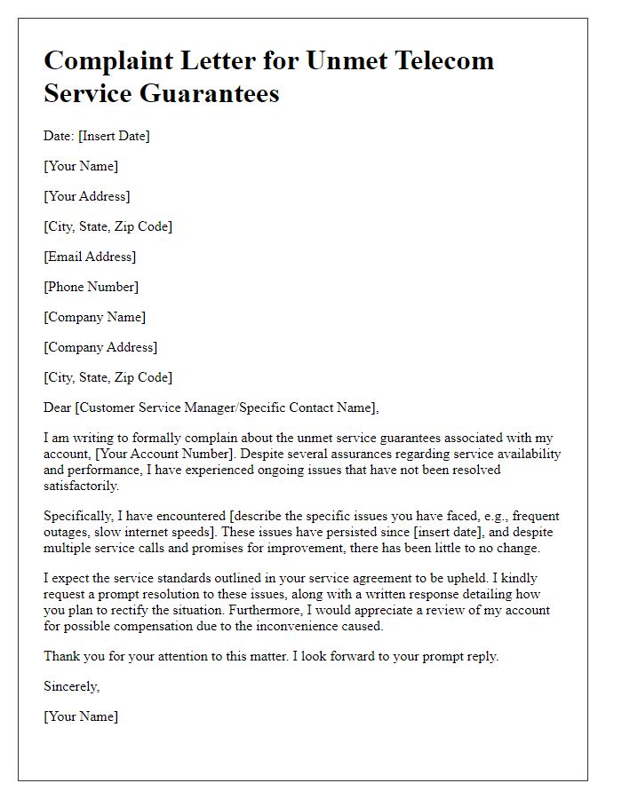 Letter template of complaint for unmet telecom service guarantees