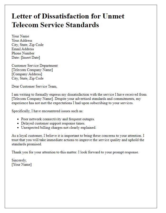 Letter template of dissatisfaction for unmet telecom service standards