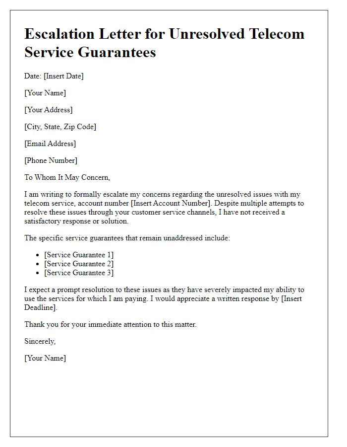 Letter template of escalation for unresolved telecom service guarantees