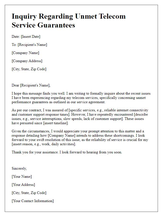 Letter template of inquiry regarding unmet telecom service guarantees