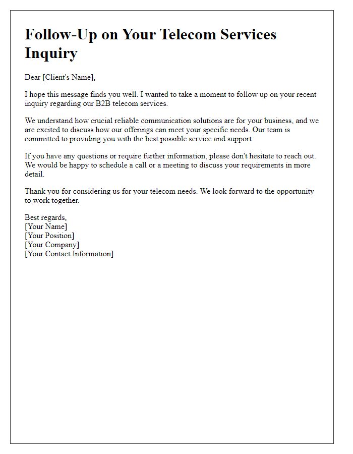 Letter template of telecom sales inquiry follow-up for B2B services.