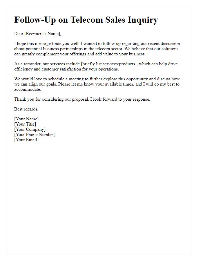 Letter template of telecom sales inquiry follow-up for business partnerships.