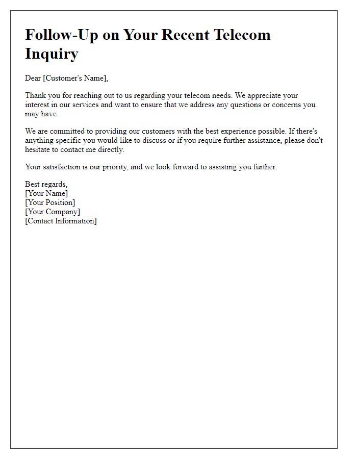 Letter template of telecom sales inquiry follow-up for customer satisfaction.