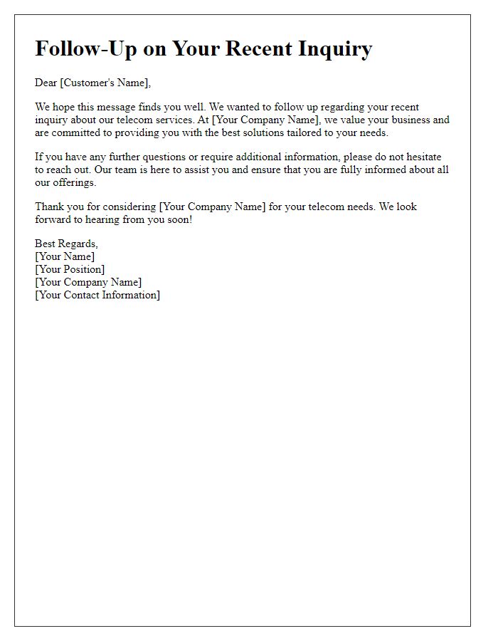 Letter template of telecom sales inquiry follow-up for existing customers.