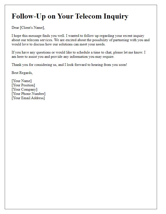 Letter template of telecom sales inquiry follow-up for potential clients.