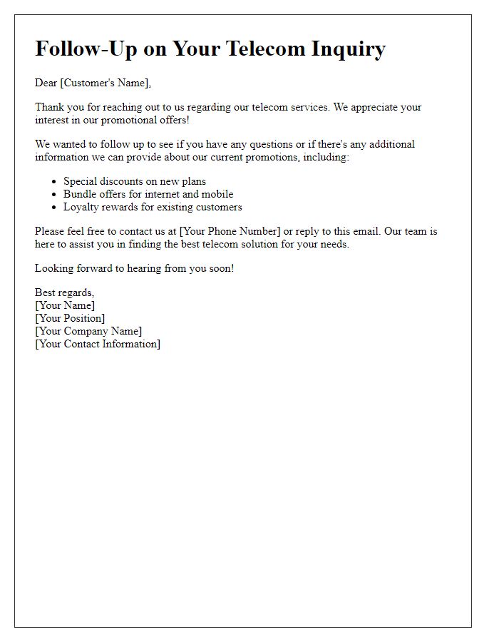 Letter template of telecom sales inquiry follow-up for promotional offers.