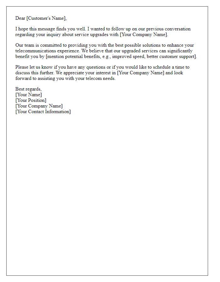 Letter template of telecom sales inquiry follow-up for service upgrades.