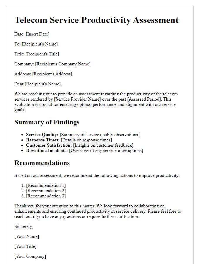 Letter template of assessment for telecom service productivity