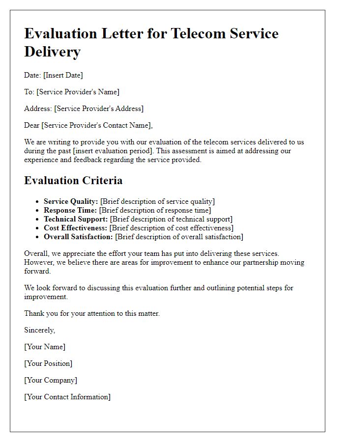 Letter template of evaluation for telecom service delivery