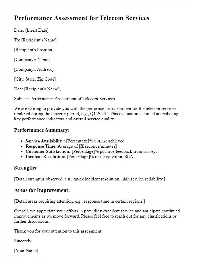 Letter template of performance assessment for telecom services