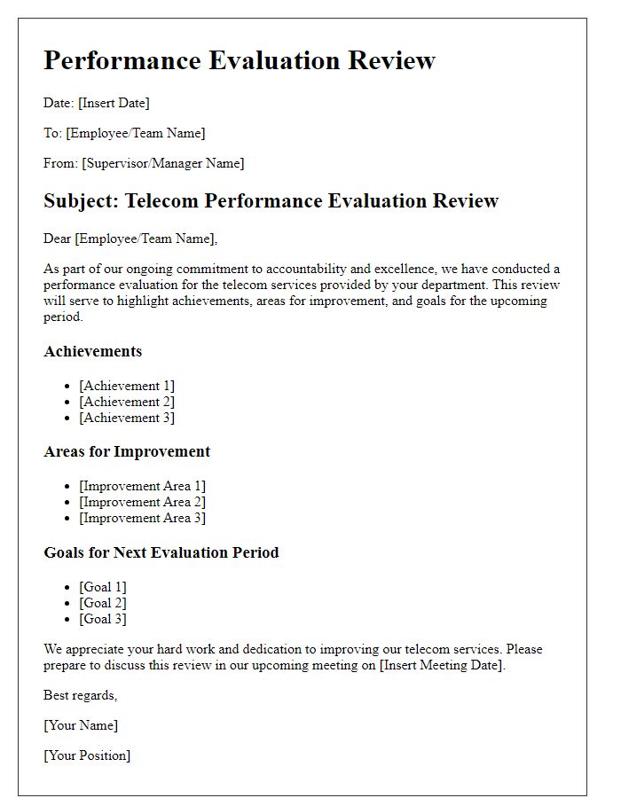 Letter template of review for telecom performance evaluation