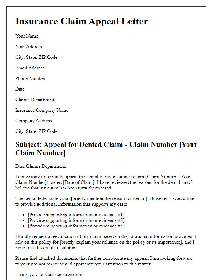 Letter template of insurance claim appeal after denial.