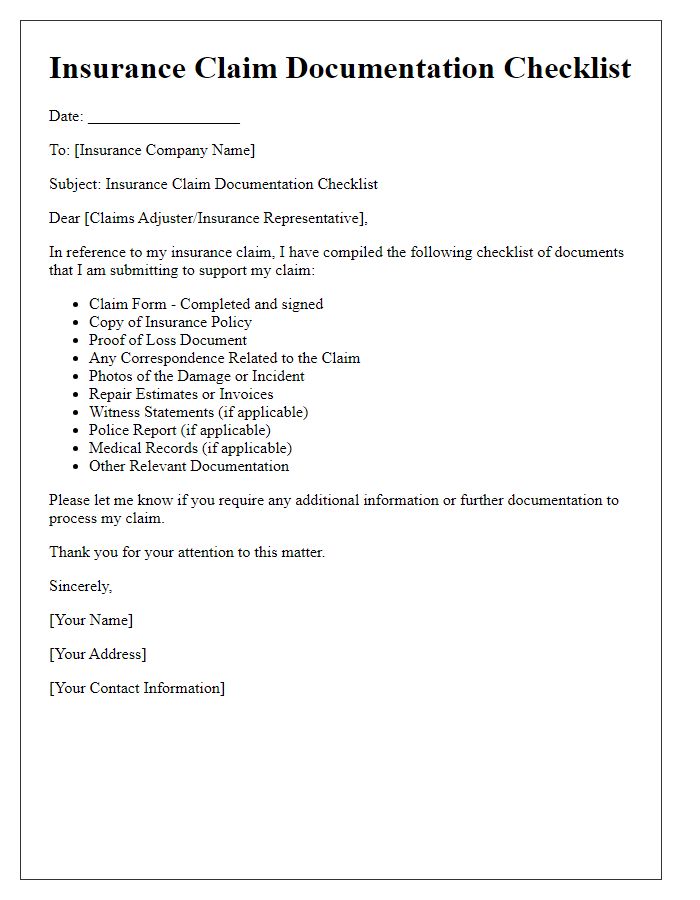 Letter template of insurance claim documentation checklist.