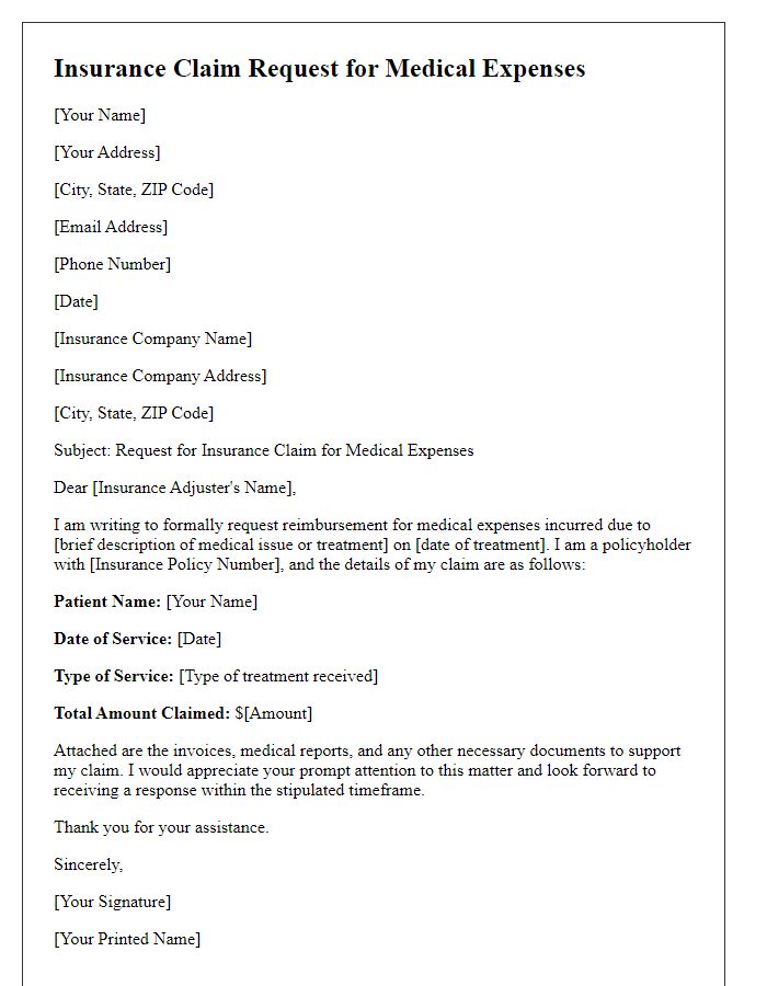 Letter template of insurance claim request for medical expenses.