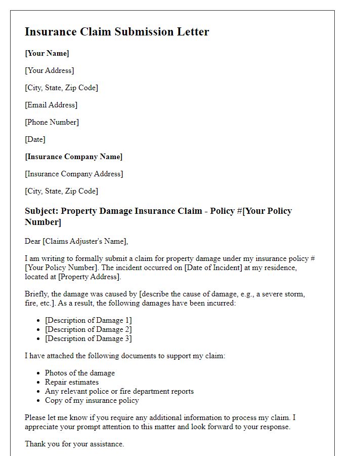 Letter template of insurance claim submission for property damage.