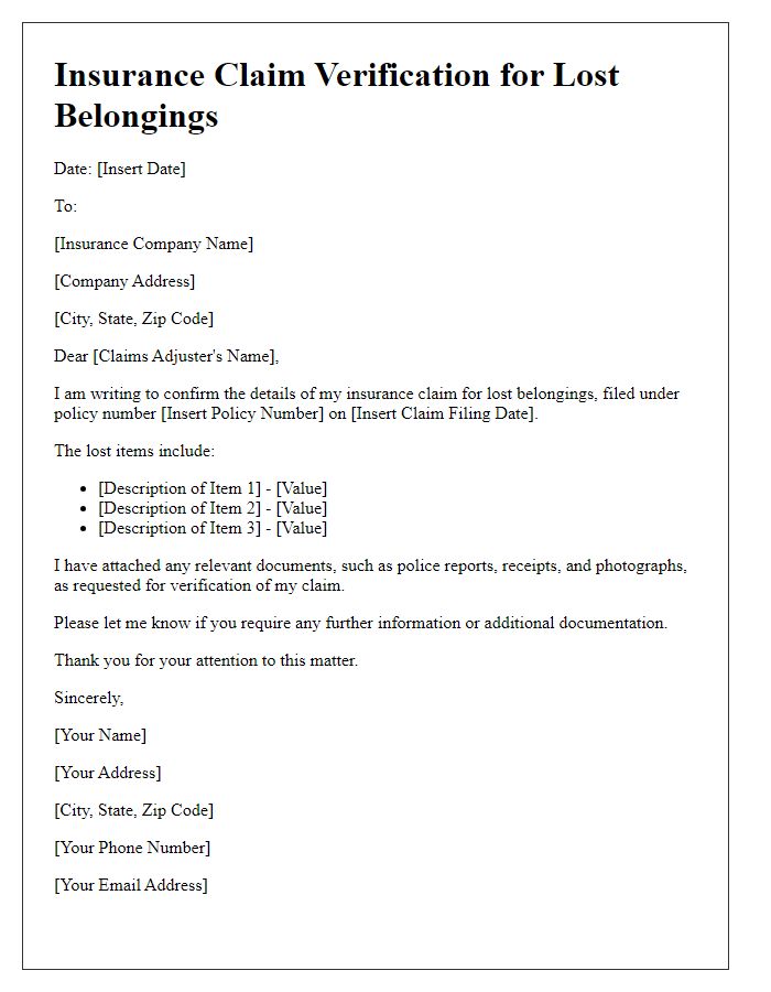 Letter template of insurance claim verification for lost belongings.