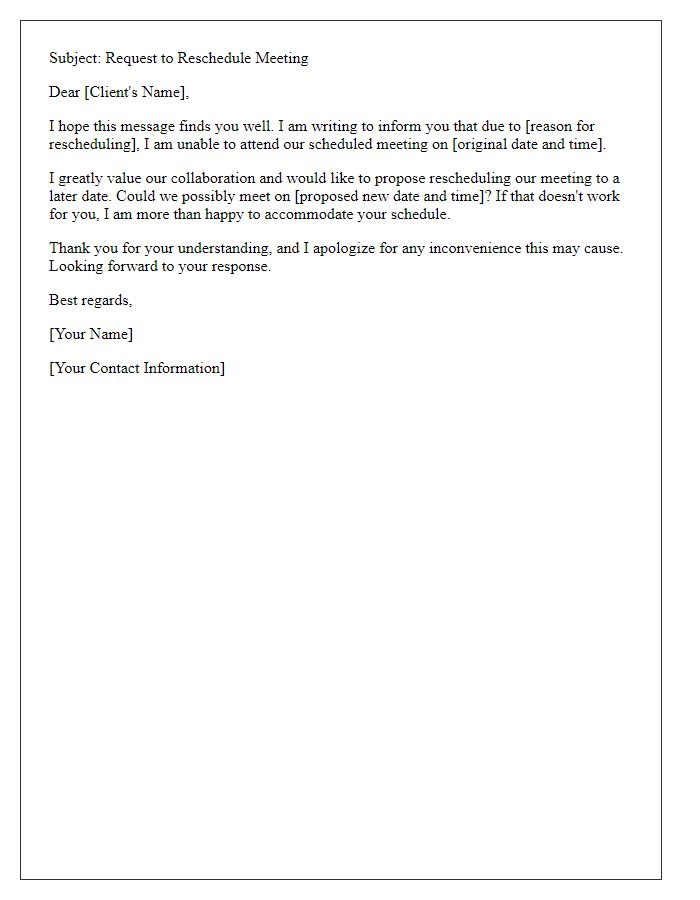 Letter template of freelance meeting reschedule request