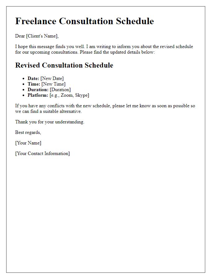 Letter template of revised freelance consultation schedule