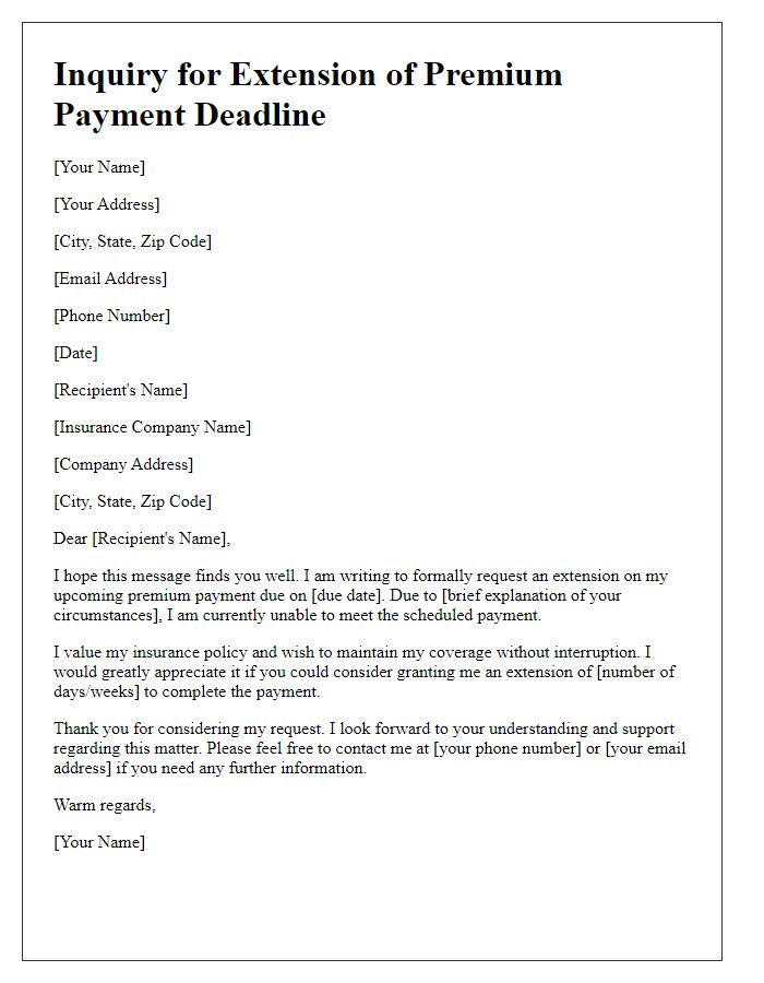 Letter template of inquiry for extending premium payment deadline