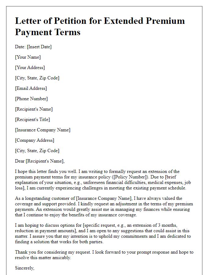 Letter template of petition for extended premium payment terms