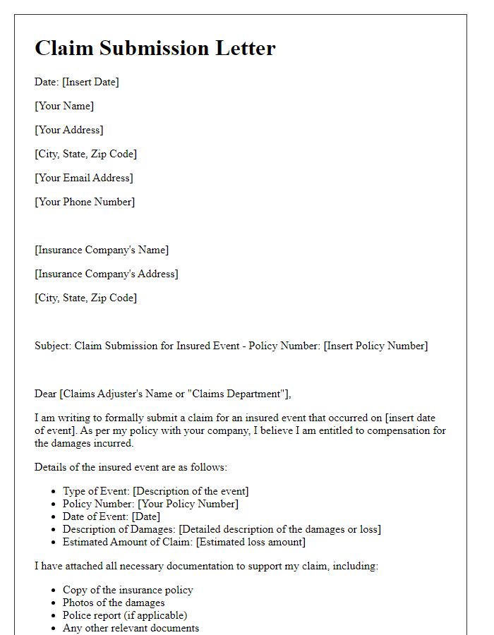 Letter template of claim submission for an insured event.