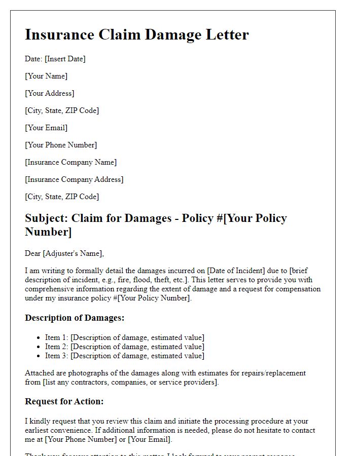 Letter template of detailing damages for insurance claims.