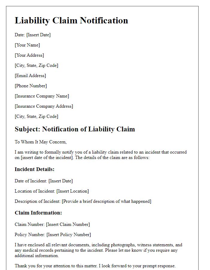 Letter template of documenting a liability claim with insurance.