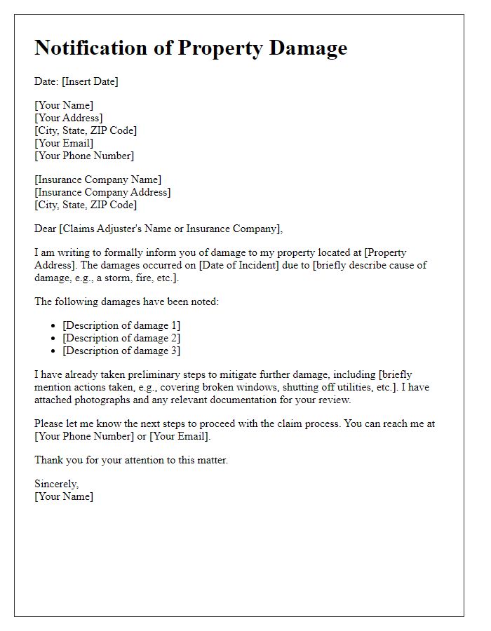 Letter template of informing a home insurance company about property damage.